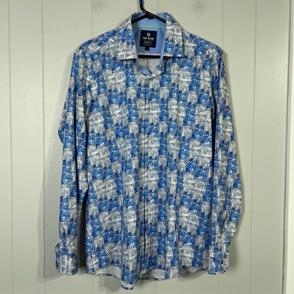 Tom Baine Performance Slim Fit Dress Shirt Mens L Blue Geometric Stretch